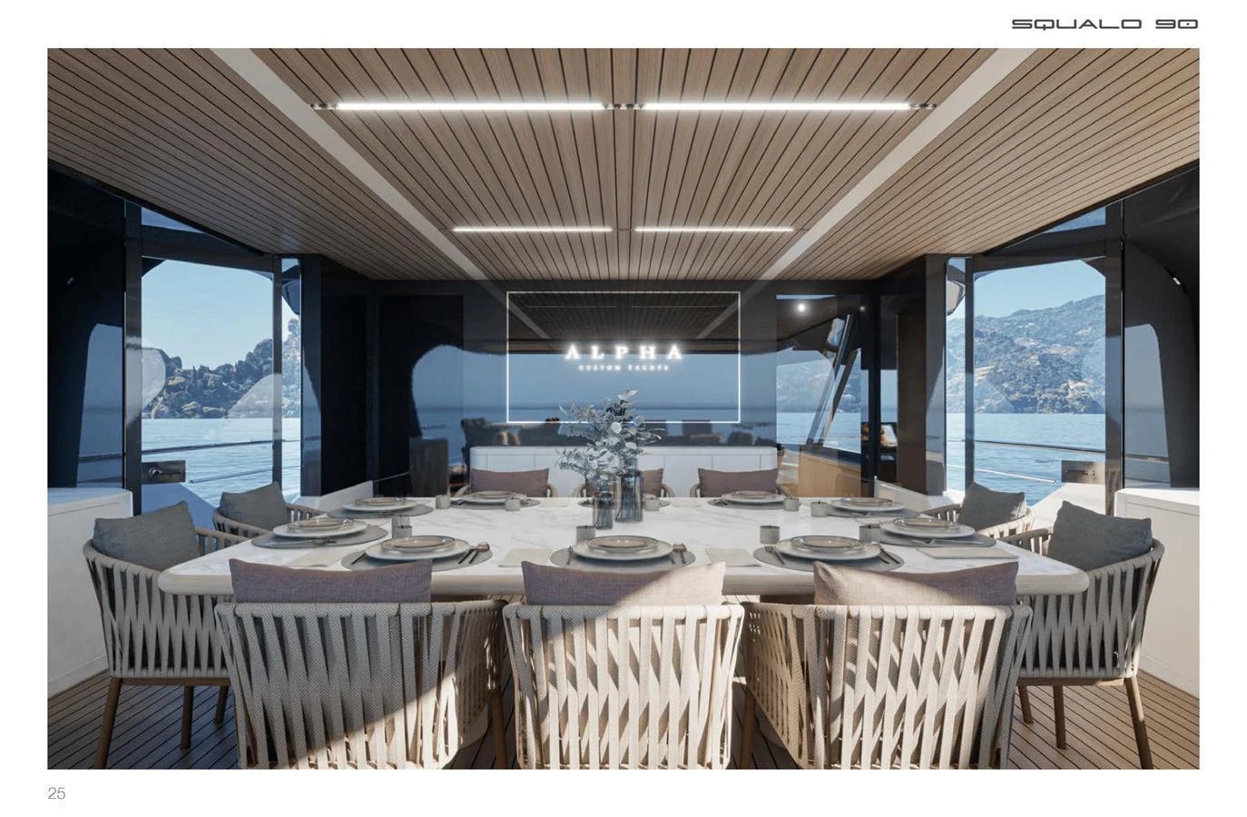 The yacht's dining area features a spacious table with elegant seating, set against a backdrop of panoramic views. aboard SQUALO 90 Yacht for Sale