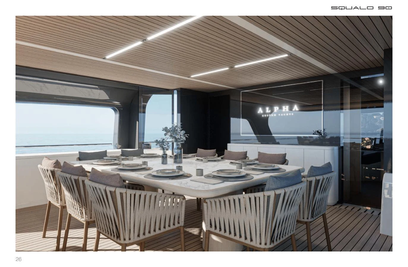 The yacht's dining area features a spacious table with elegant seating, perfect for enjoying meals with a view of the sea. aboard SQUALO 90 Yacht for Sale