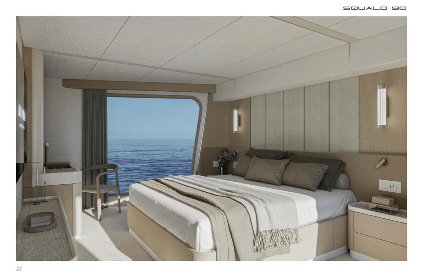 The stateroom features a large bed with a stunning ocean view through a wide window. aboard SQUALO 90 Yacht for Sale
