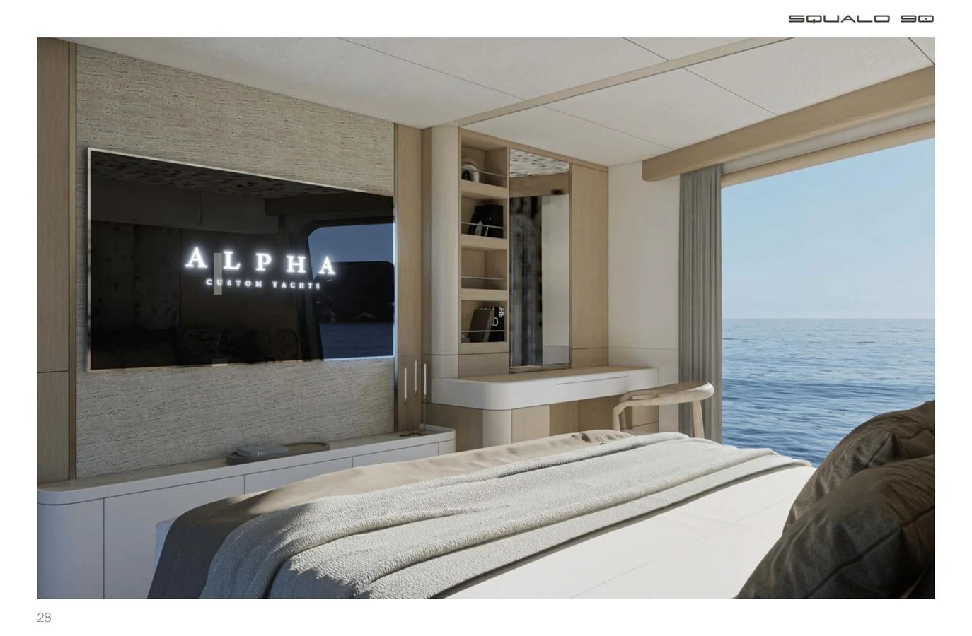 A luxurious stateroom with a large window offering a stunning ocean view. aboard SQUALO 90 Yacht for Sale