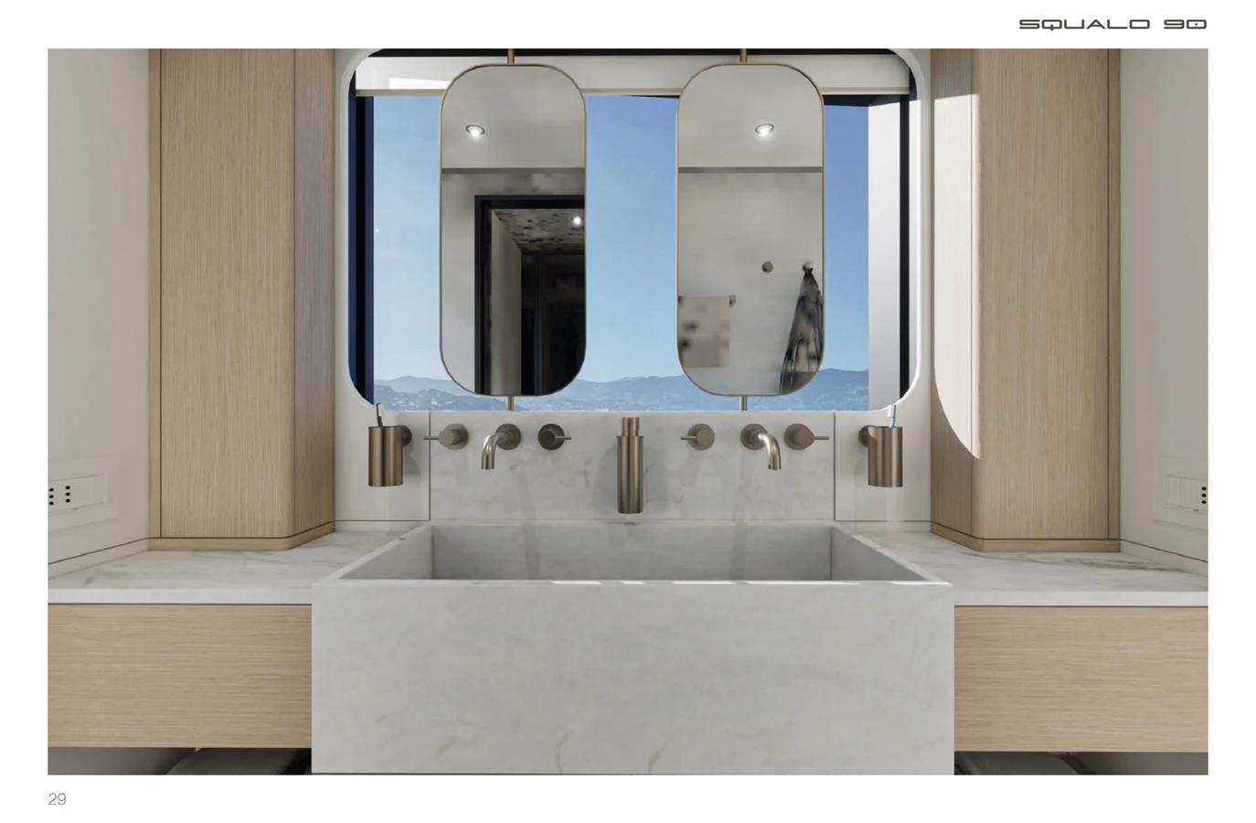 The yacht's bathroom features a sleek, modern design with dual mirrors and a large window offering a stunning sea view. aboard SQUALO 90 Yacht for Sale