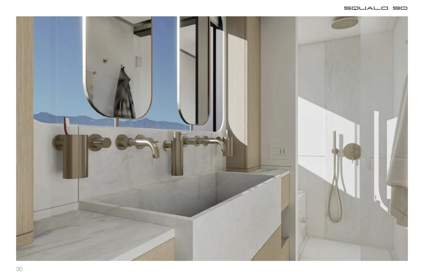 The bathroom features a modern design with dual sinks and a spacious shower area. aboard SQUALO 90 Yacht for Sale