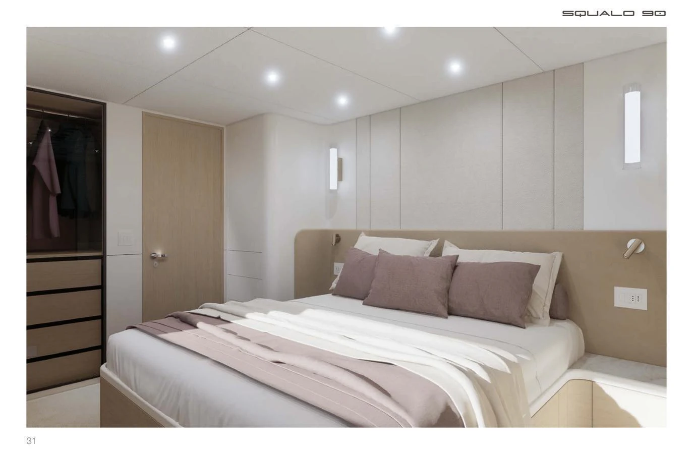 The stateroom offers a serene and luxurious sleeping area with modern furnishings and soft lighting. aboard SQUALO 90 Yacht for Sale
