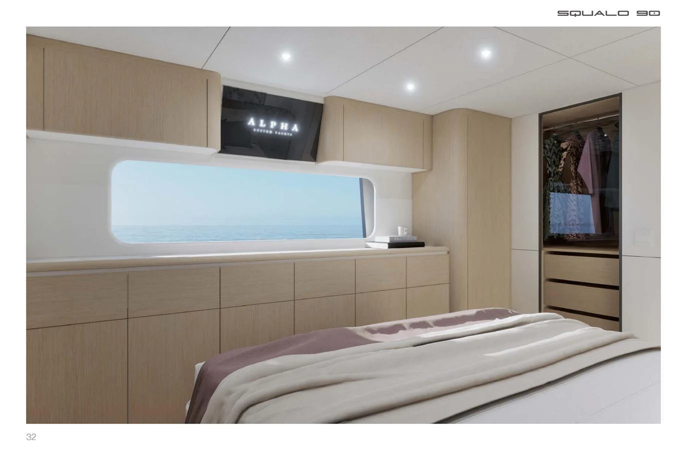 The stateroom features a large window with an ocean view, modern cabinetry, and a cozy bed. aboard SQUALO 90 Yacht for Sale