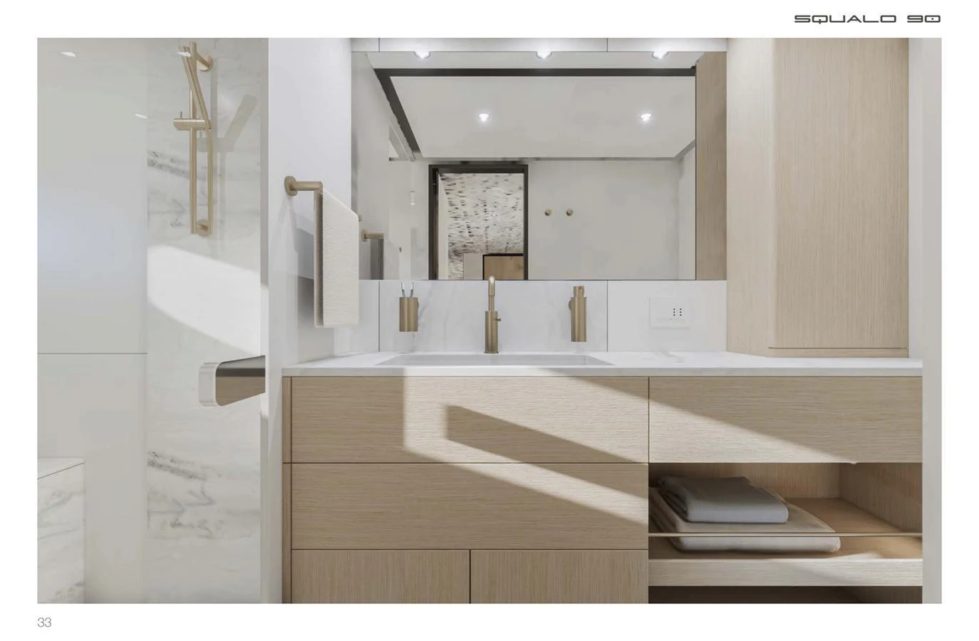 The bathroom features a modern design with sleek fixtures and ample storage. aboard SQUALO 90 Yacht for Sale