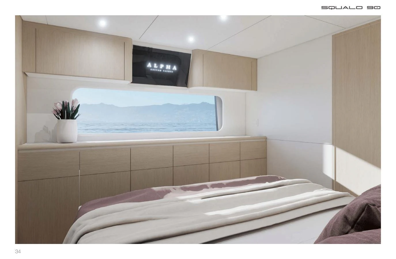 A serene stateroom with a large window offering a stunning sea view. aboard SQUALO 90 Yacht for Sale
