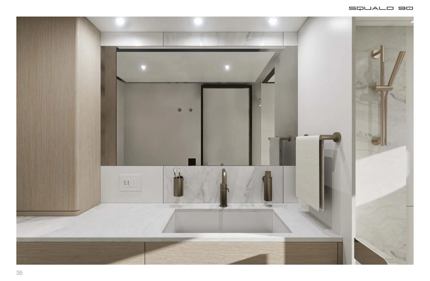 A sleek and modern bathroom with elegant fixtures and a spacious sink area. aboard SQUALO 90 Yacht for Sale