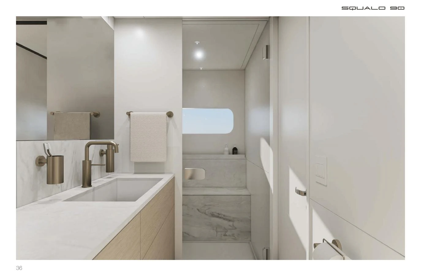 The yacht's bathroom features modern fixtures and a sleek design with ample natural light. aboard SQUALO 90 Yacht for Sale