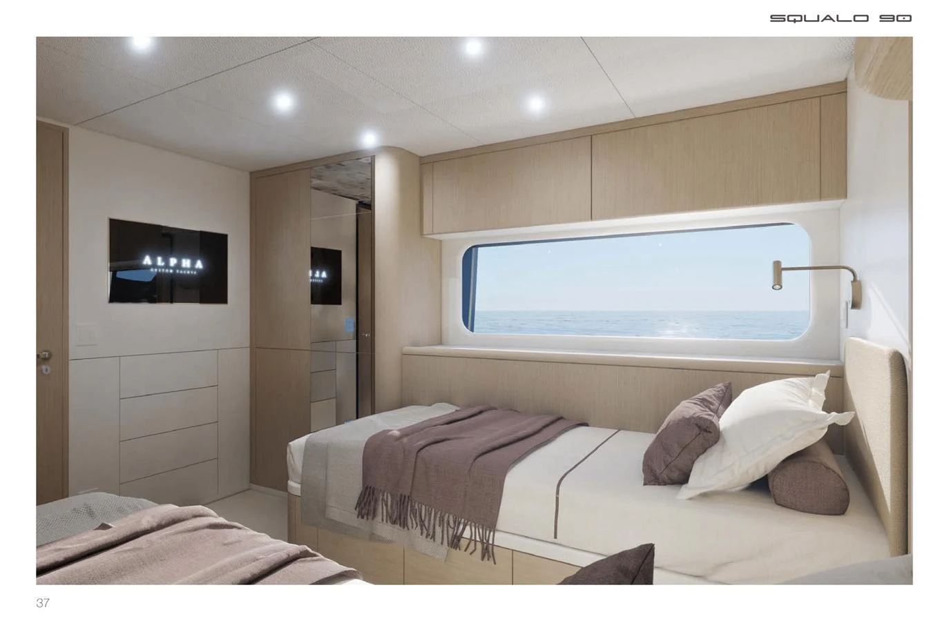 A luxurious stateroom featuring twin beds with a large window offering a stunning sea view. aboard SQUALO 90 Yacht for Sale