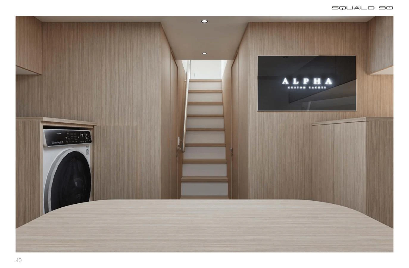 The interior features a modern, minimalist design with light wood paneling and a built-in washing machine. aboard SQUALO 90 Yacht for Sale