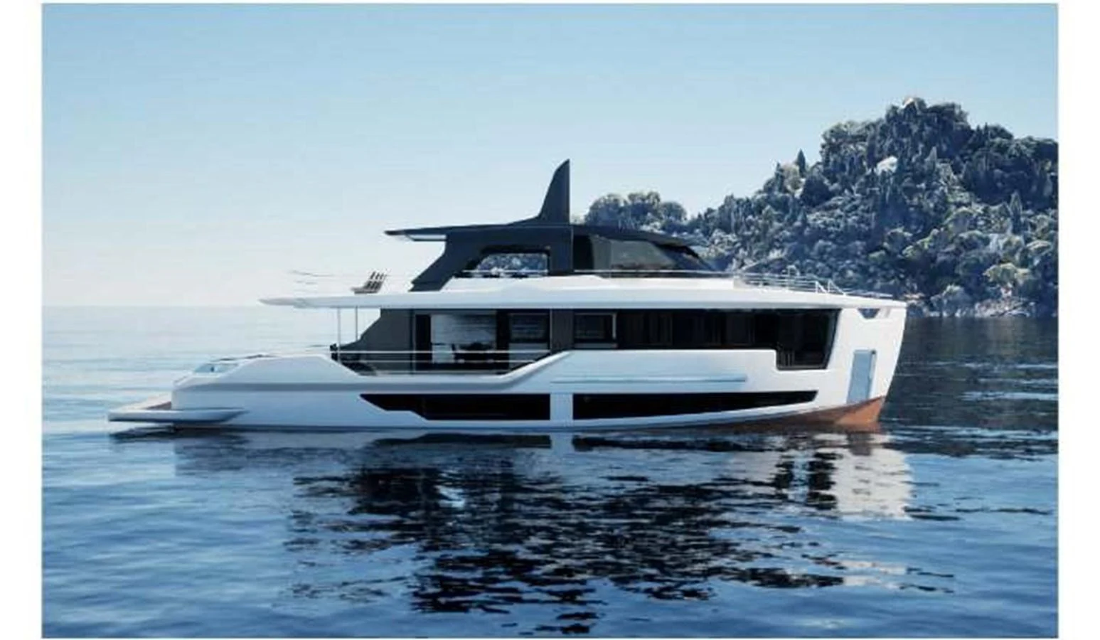 A sleek and modern yacht glides gracefully on calm waters with a scenic backdrop. aboard SQUALO 90 Yacht for Sale