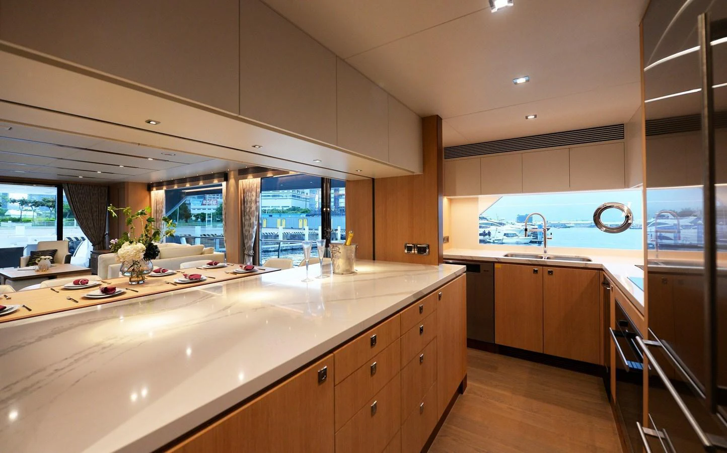 The yacht's galley features modern appliances and a sleek design with ample counter space. aboard AQUA LIFE Yacht for Sale