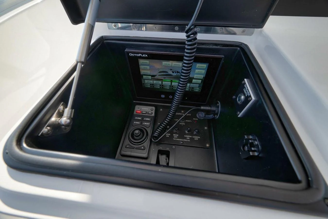 A close-up view of the yacht's control panel with advanced navigation and communication equipment. aboard NIKKI BELLA Yacht for Sale