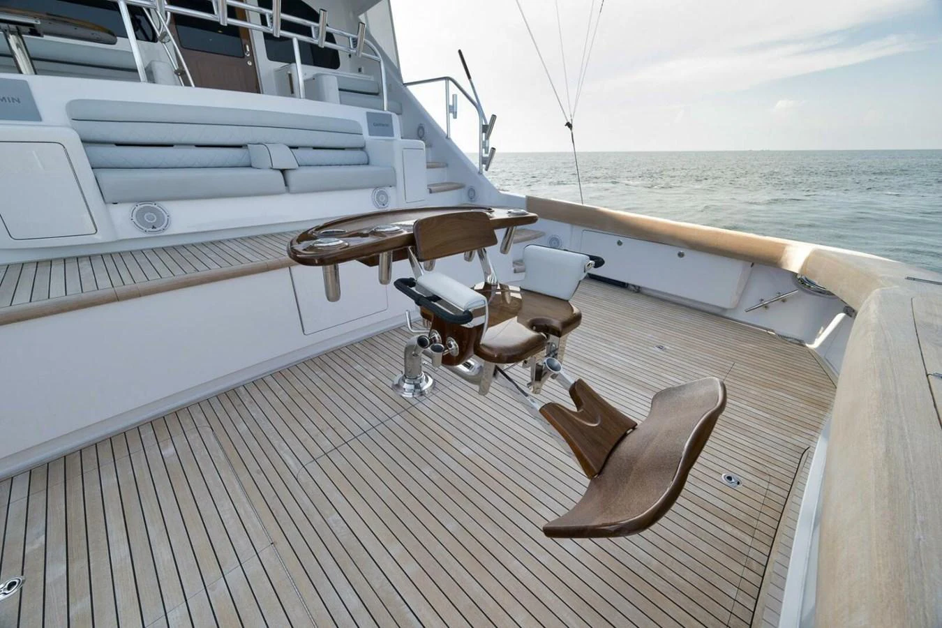 The yacht features a well-equipped fishing deck with a professional fighting chair for an exceptional angling experience. aboard NIKKI BELLA Yacht for Sale