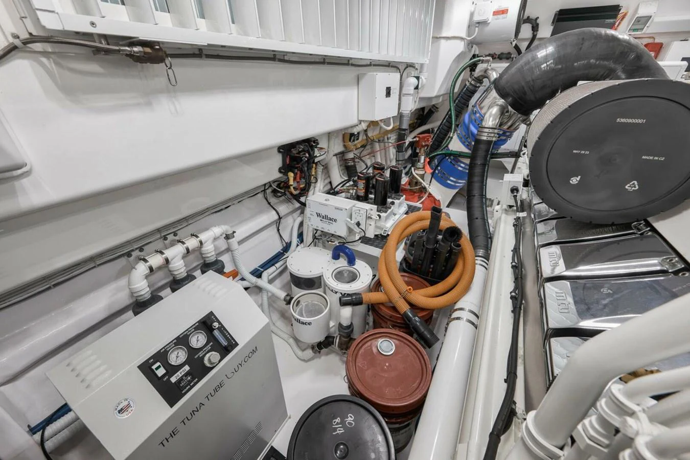 The engine room showcases the yacht's technical and mechanical equipment with precision. aboard NIKKI BELLA Yacht for Sale