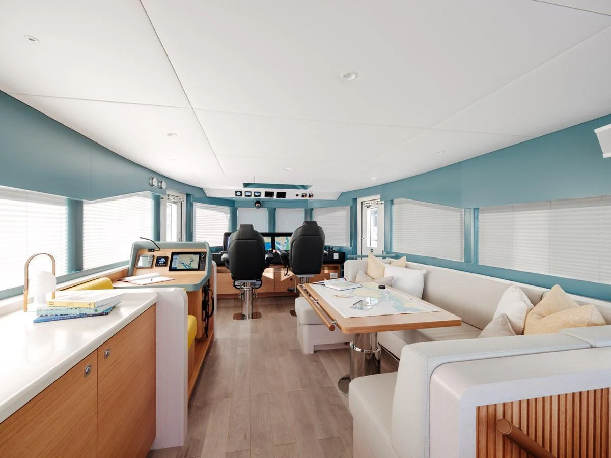 The yacht's helm area features a modern, spacious design with comfortable seating and advanced navigation equipment. aboard ARKSEN 85 Yacht for Sale