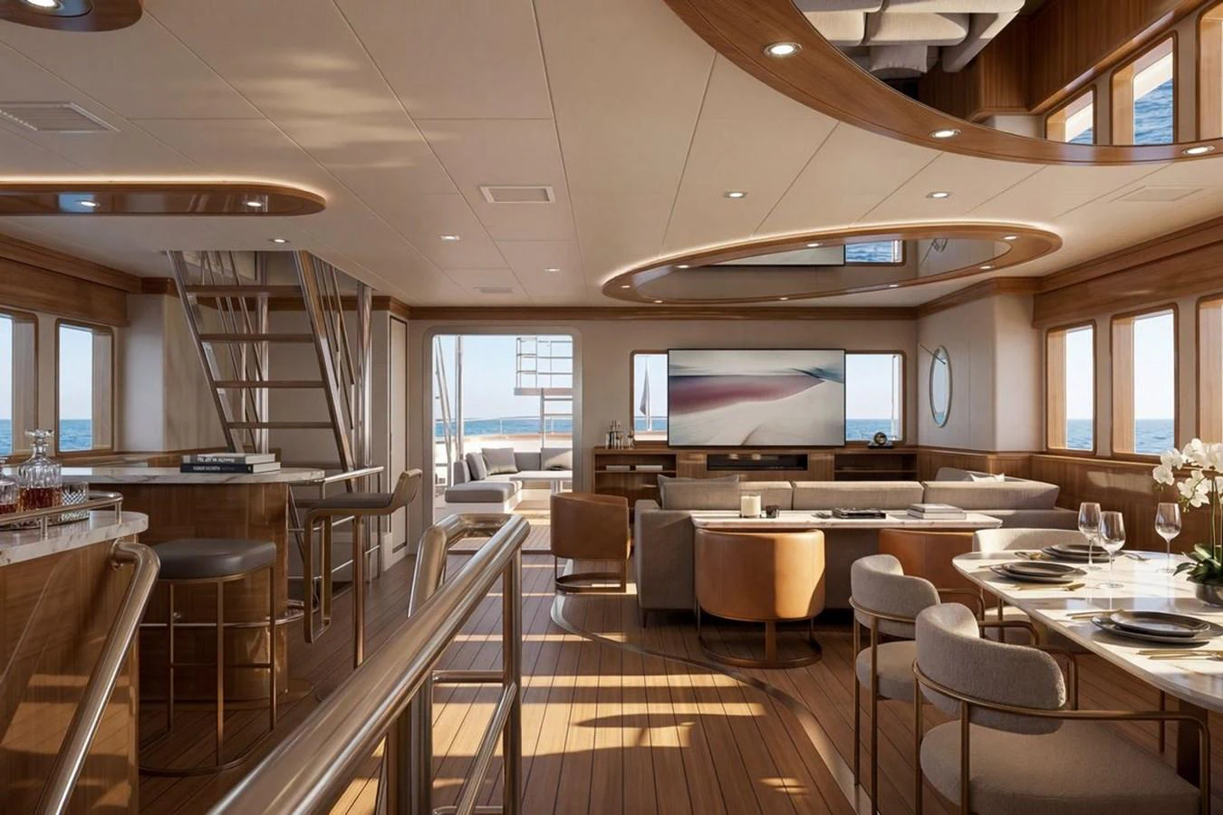 The yacht's interior features a spacious and elegantly designed living area with ample seating and modern decor. aboard SVETLANA Yacht for Sale