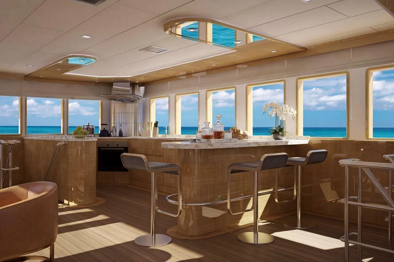 The yacht's galley features a modern design with ample seating and panoramic ocean views. aboard SVETLANA Yacht for Sale