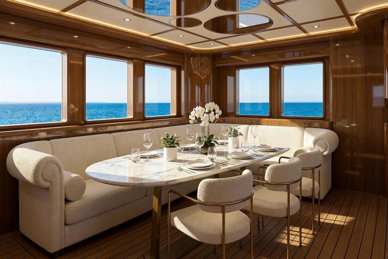 The yacht's dining area features elegant furnishings with panoramic ocean views. aboard SVETLANA Yacht for Sale