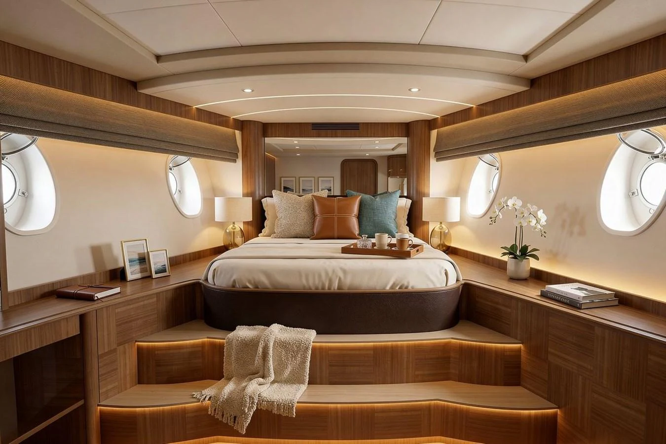 The master stateroom features a luxurious bed with elegant decor and ambient lighting. aboard SVETLANA Yacht for Sale