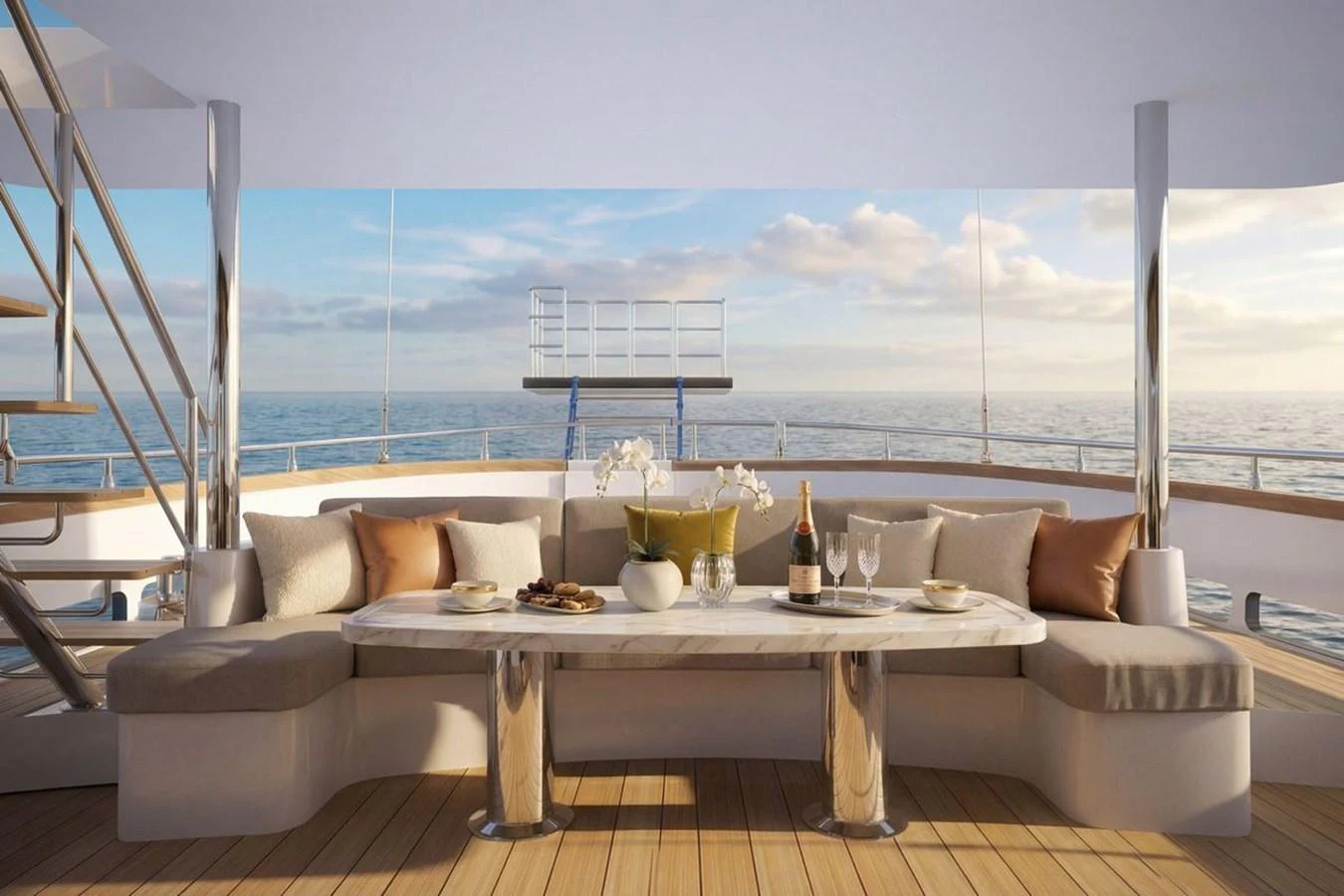 The aft deck features a luxurious seating area with a marble table, perfect for enjoying ocean views. aboard SVETLANA Yacht for Sale