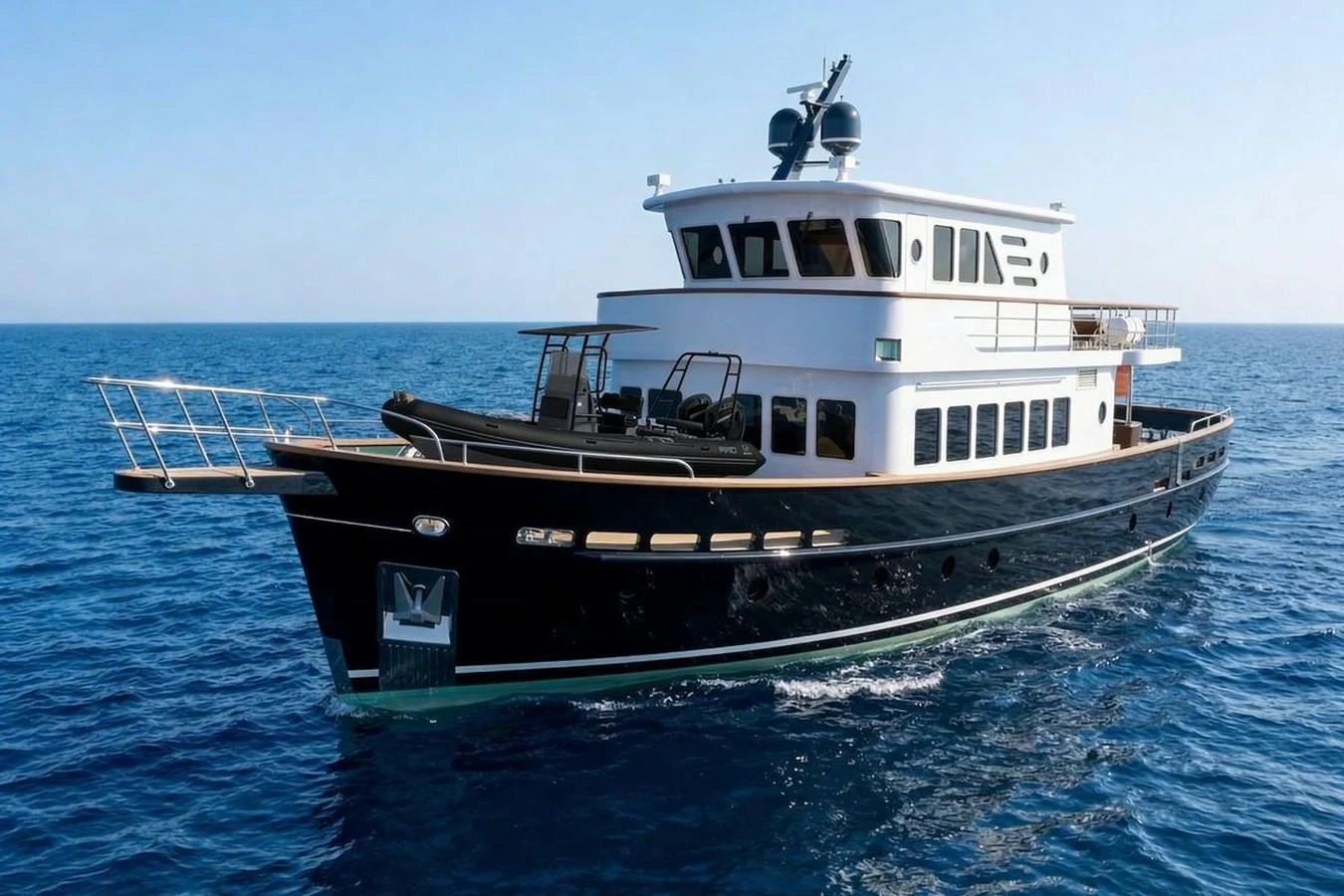 A sleek yacht glides through the open sea, showcasing its elegant design and spacious deck. aboard SVETLANA Yacht for Sale