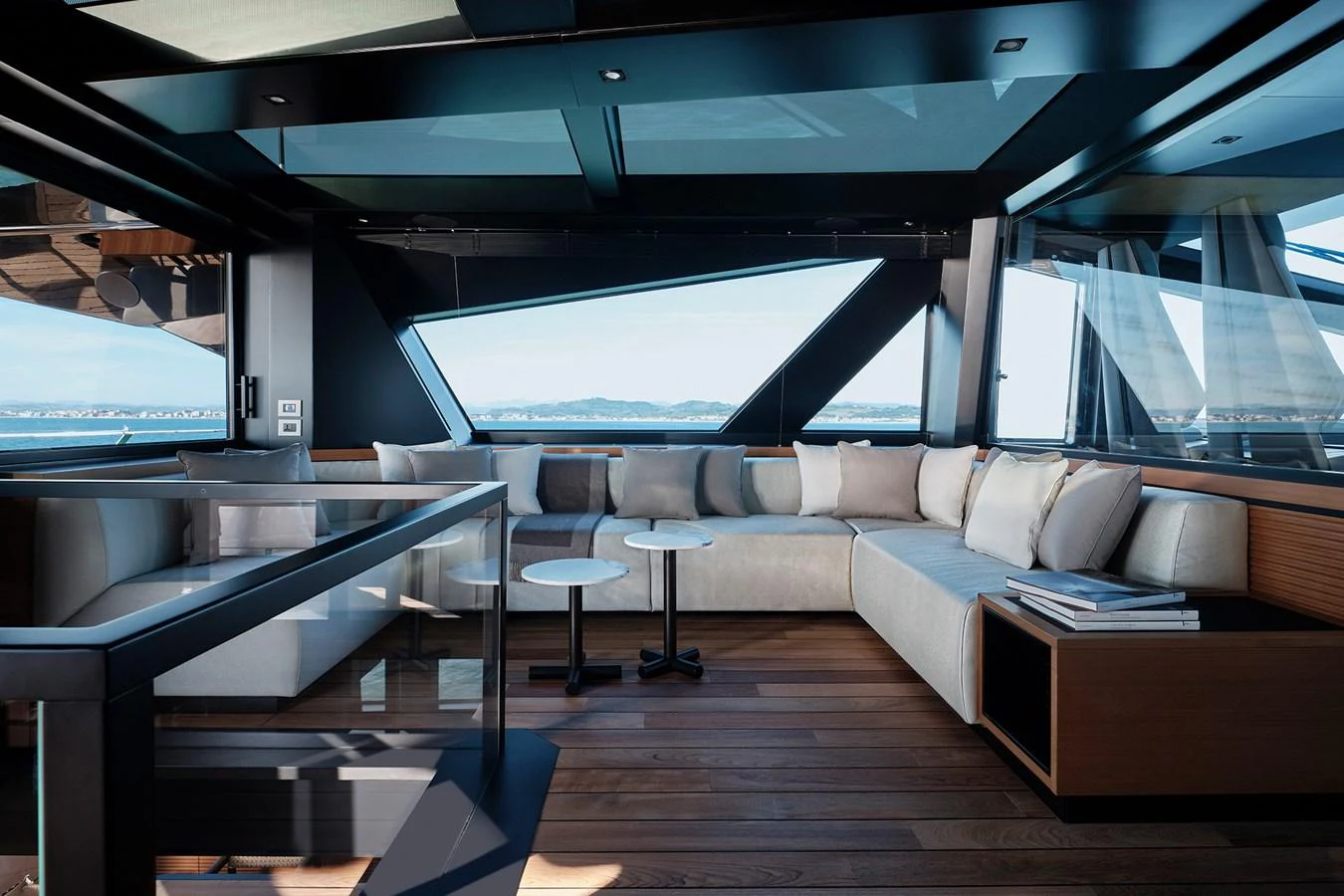 The salon offers a spacious and modern seating area with panoramic views. aboard WALLYWHY200 Yacht for Sale