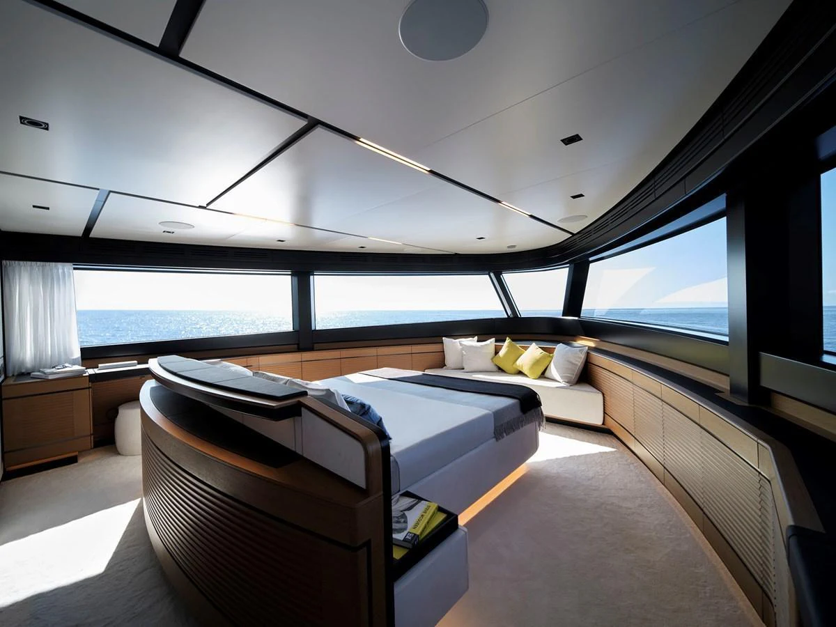 The master stateroom offers panoramic ocean views with luxurious modern furnishings. aboard WALLYWHY200 Yacht for Sale