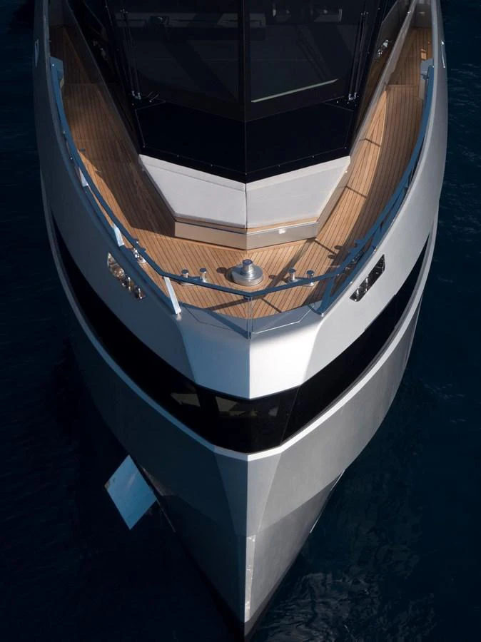 A sleek and modern yacht bow with clean lines and a sophisticated design. aboard WALLYWHY200 Yacht for Sale