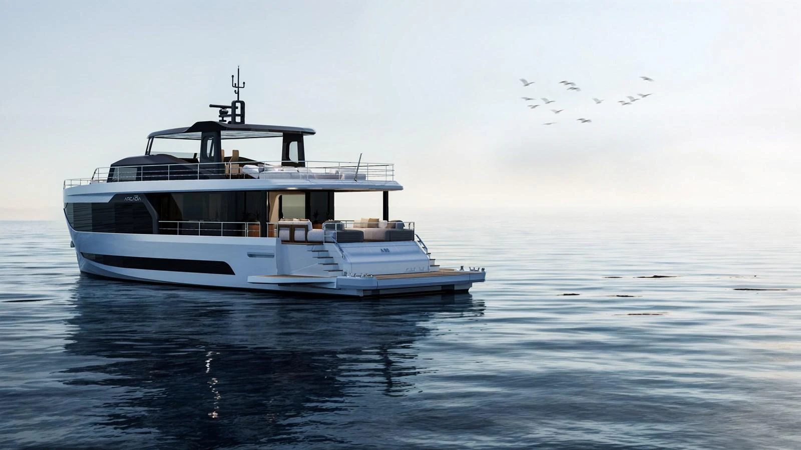 A sleek and modern yacht glides gracefully on calm waters under a serene sky. aboard A80NEW Yacht for Sale