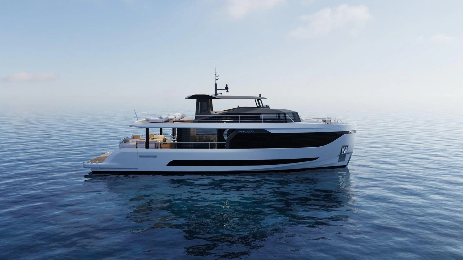 A sleek and modern yacht glides gracefully on calm waters under a clear sky. aboard A80NEW Yacht for Sale