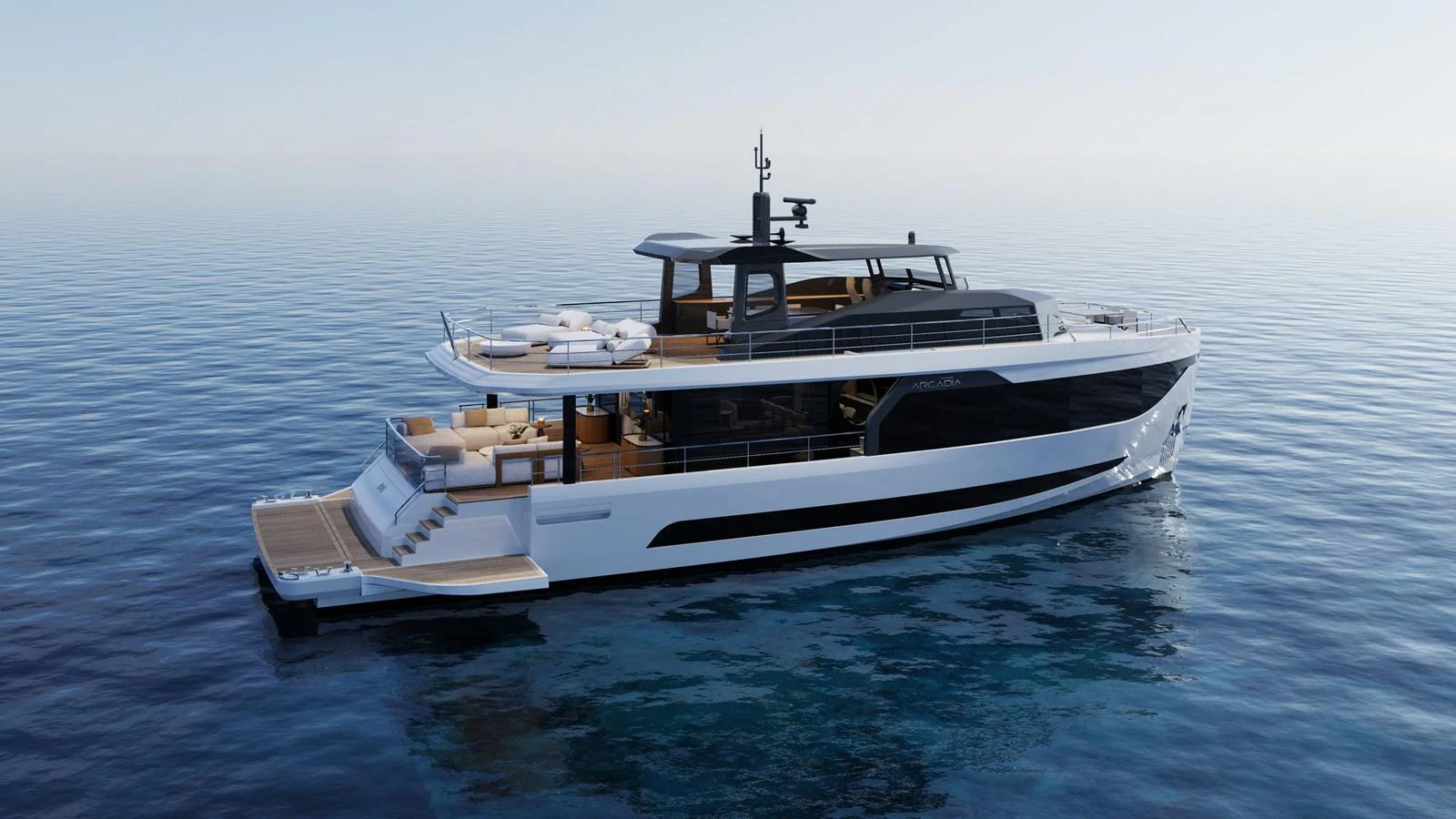A sleek and modern yacht glides gracefully on calm waters, showcasing its elegant design and spacious decks. aboard A80NEW Yacht for Sale