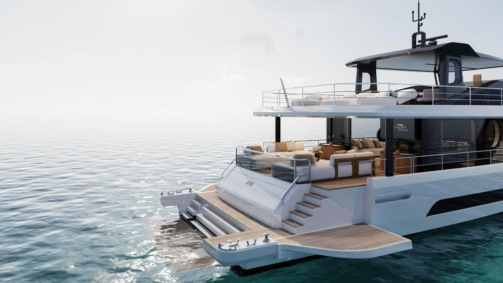The yacht's aft deck offers a luxurious space for relaxation and entertainment with stunning ocean views. aboard A80NEW Yacht for Sale