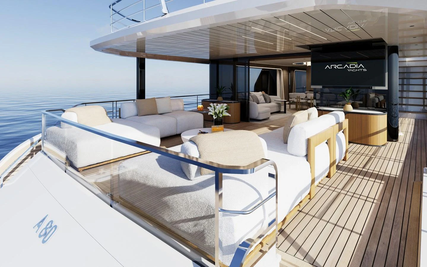 The aft deck features luxurious seating and a spacious lounging area with a stunning view of the sea. aboard A80NEW Yacht for Sale