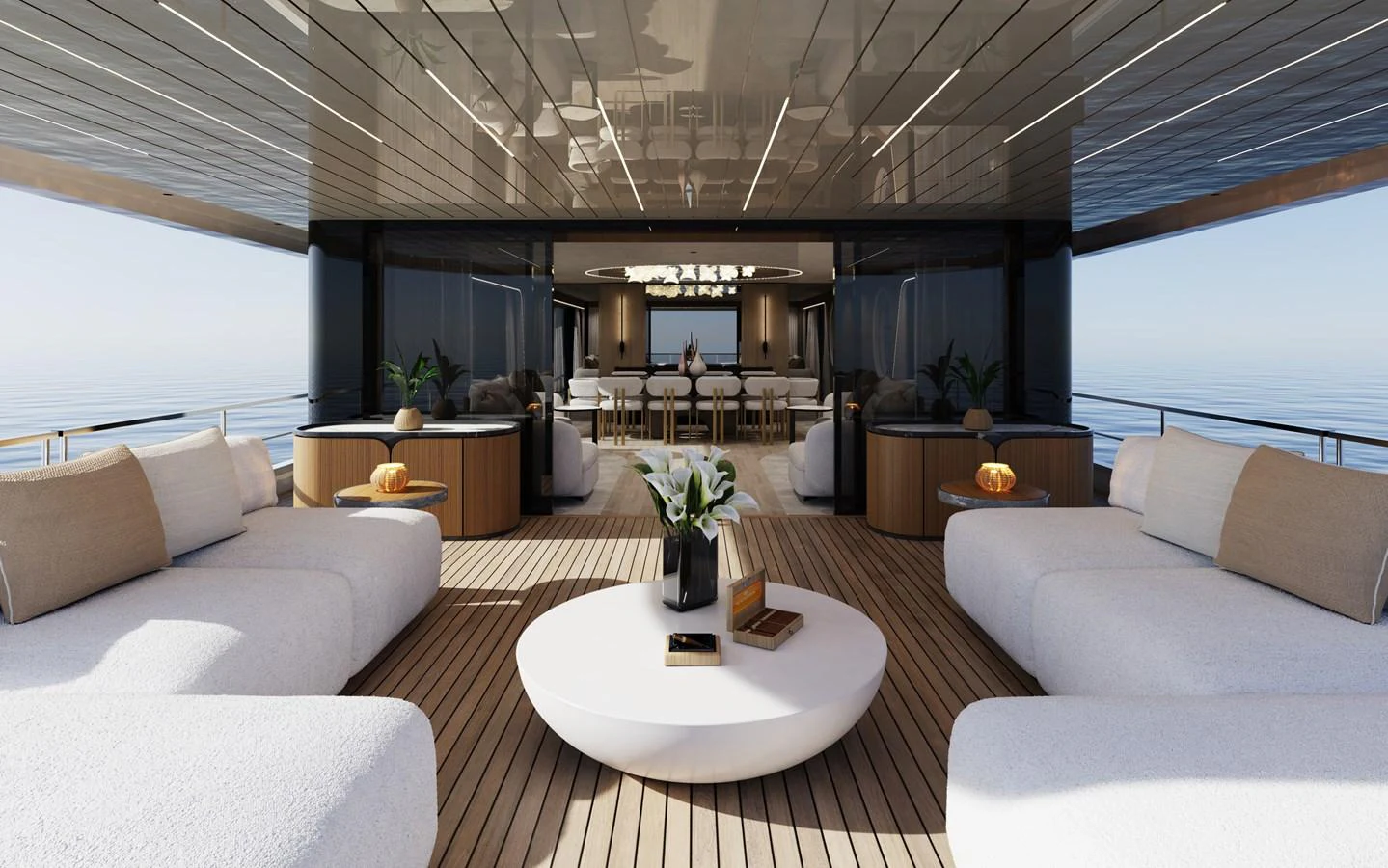 The aft deck features luxurious seating and a stylish table, perfect for relaxation and socializing. aboard A80NEW Yacht for Sale