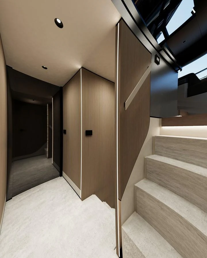 A modern interior hallway with sleek wooden paneling and ambient lighting. aboard A80NEW Yacht for Sale