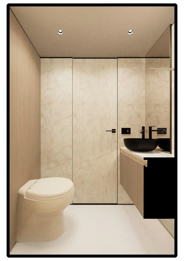 A sleek and modern yacht bathroom with minimalist design and high-end fixtures. aboard A80NEW Yacht for Sale