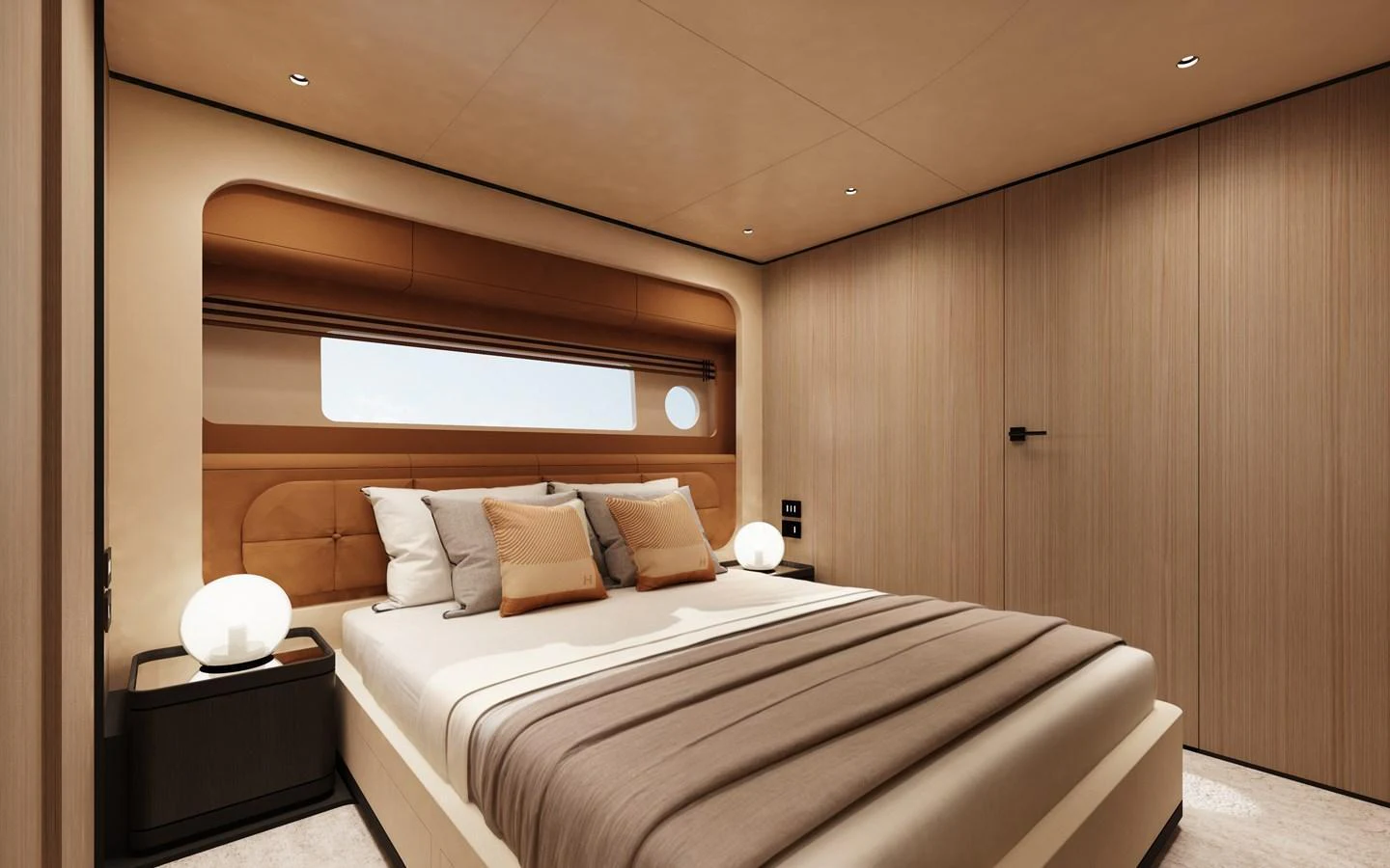The stateroom features a luxurious bed with elegant bedding and modern lighting. aboard A80NEW Yacht for Sale