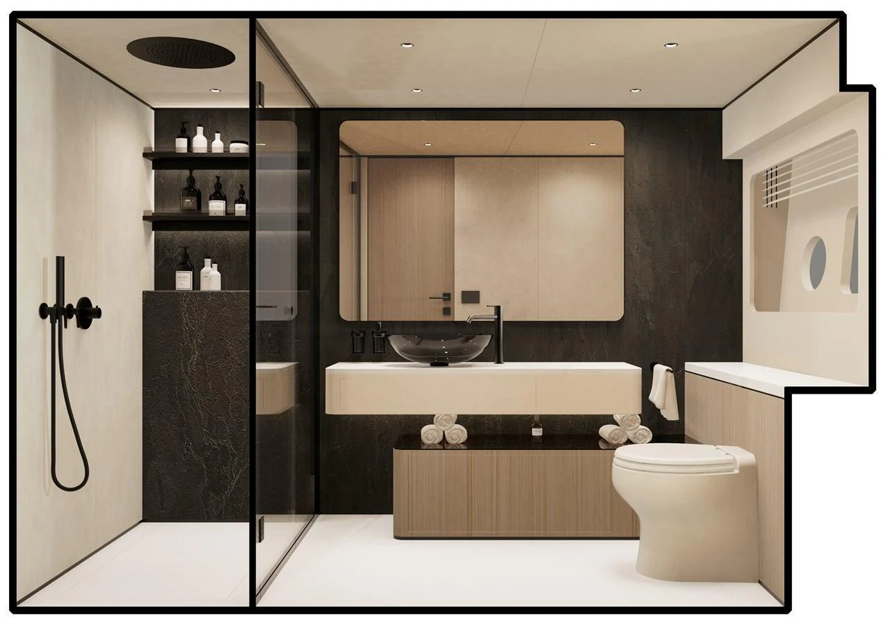 A luxurious yacht bathroom featuring modern fixtures and elegant design. aboard A80NEW Yacht for Sale