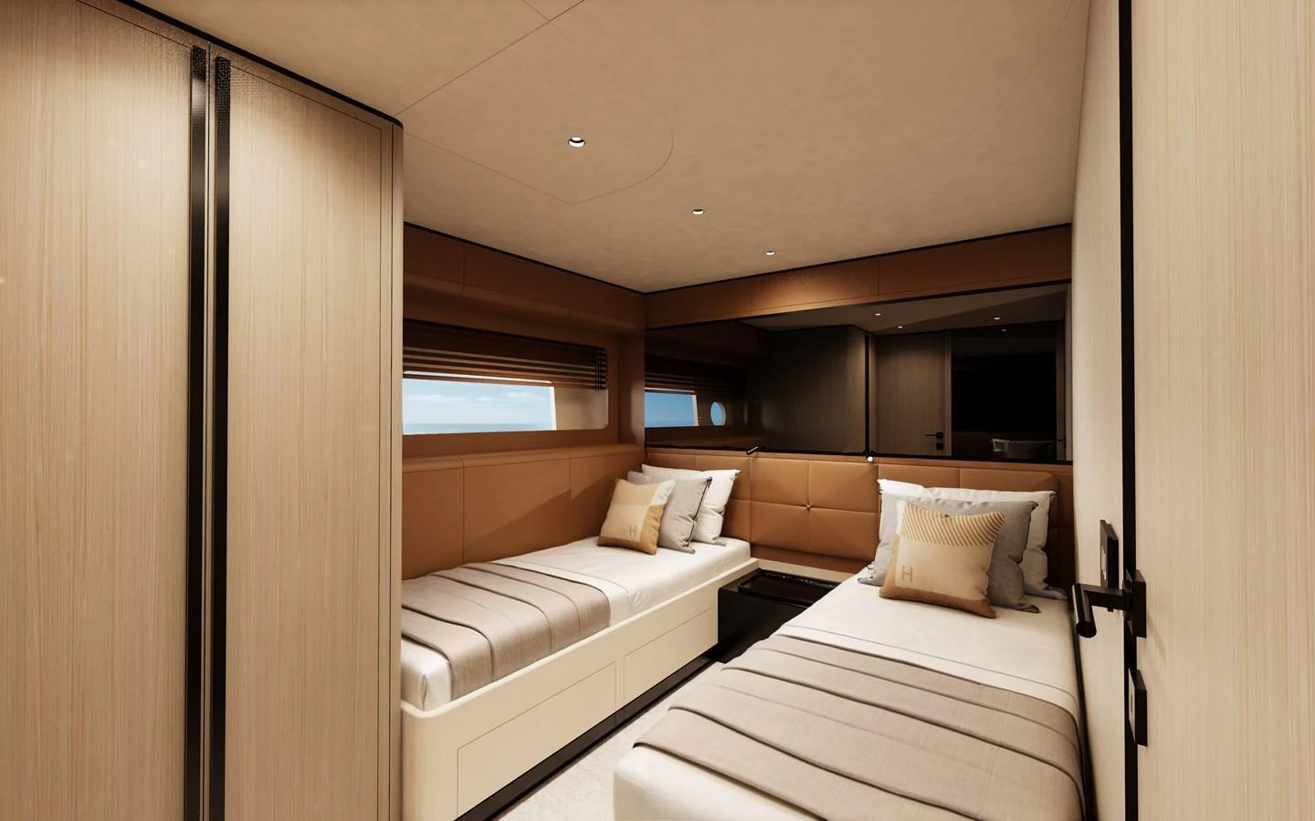 The guest stateroom features twin beds with elegant bedding and warm wood finishes. aboard A80NEW Yacht for Sale