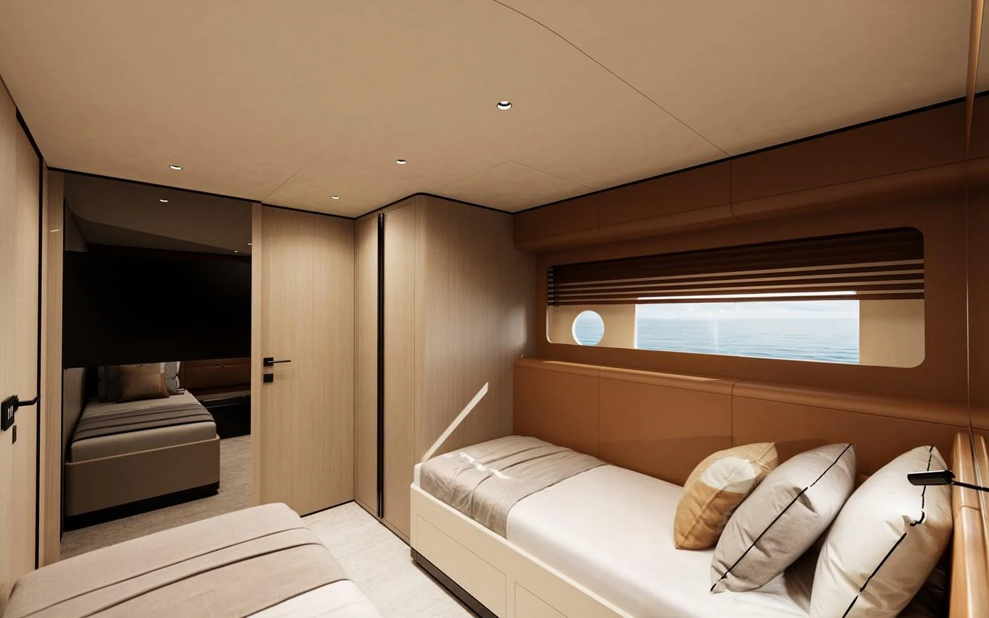 The guest stateroom features twin beds with a serene view through the window. aboard A80NEW Yacht for Sale