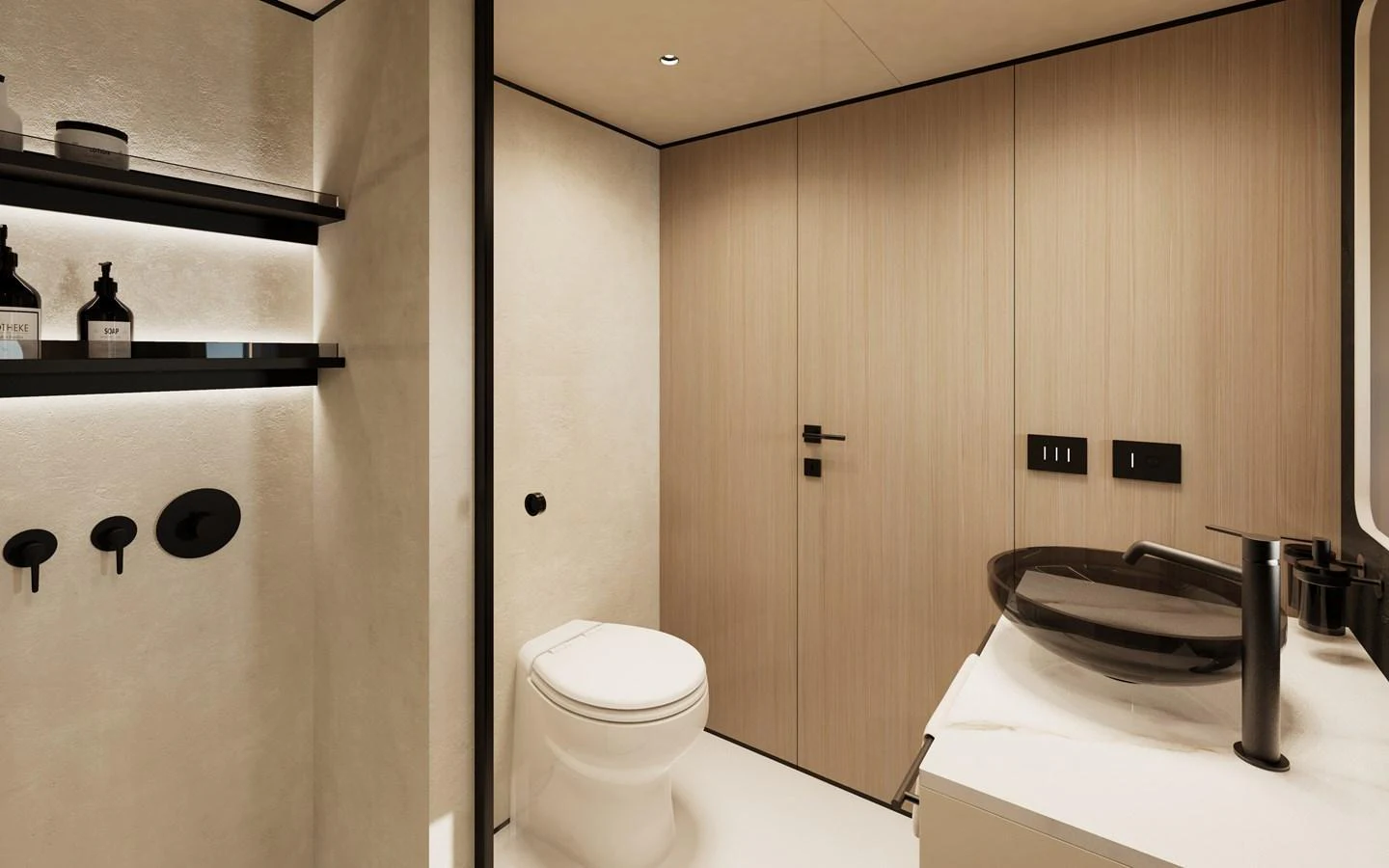 The yacht's bathroom features modern fixtures and a sleek design. aboard A80NEW Yacht for Sale