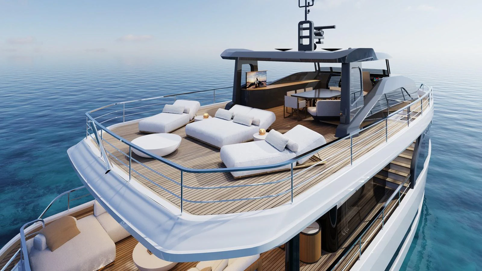 The yacht's sundeck offers luxurious lounging areas with panoramic ocean views. aboard A80NEW Yacht for Sale
