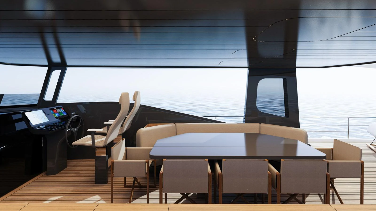 The yacht's dining area offers a sleek and modern setting with panoramic ocean views. aboard A80NEW Yacht for Sale