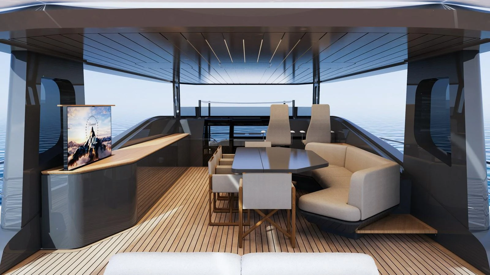 The yacht's salon features a modern and spacious seating area with a large TV and elegant furnishings. aboard A80NEW Yacht for Sale