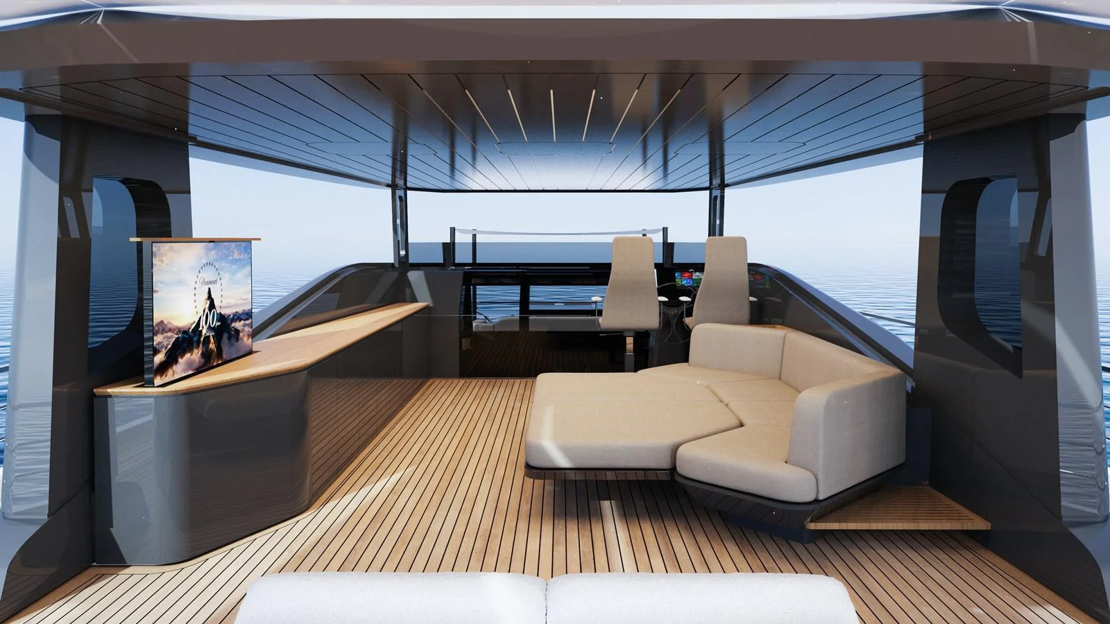 The yacht's salon features a modern design with a comfortable seating area and a large TV screen. aboard A80NEW Yacht for Sale