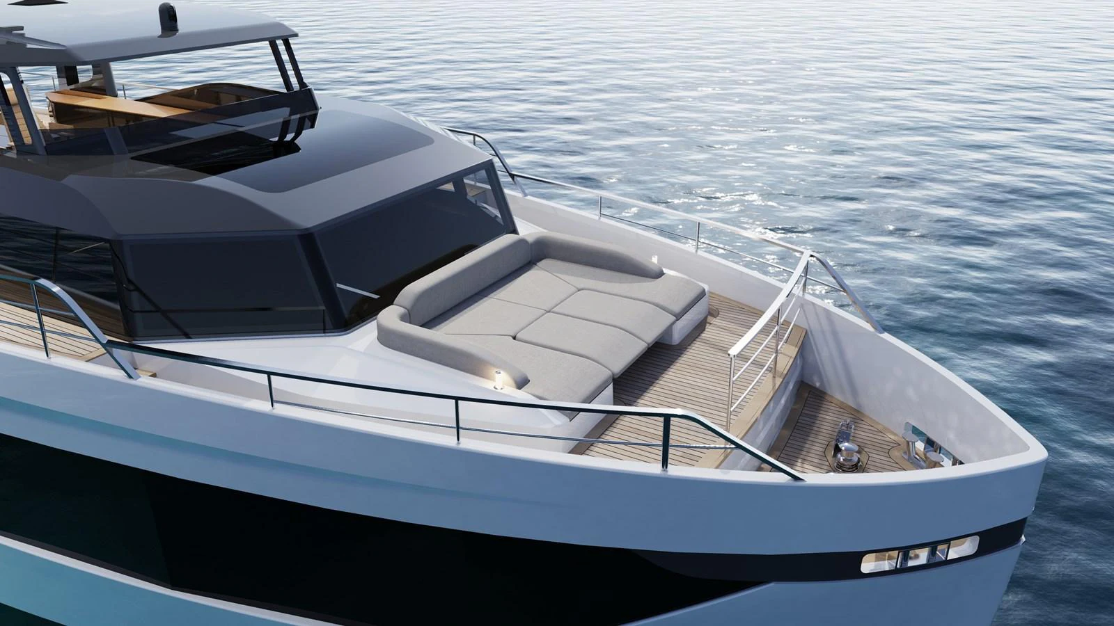 The yacht features a sleek foredeck with a spacious sunbathing area and modern design. aboard A80NEW Yacht for Sale