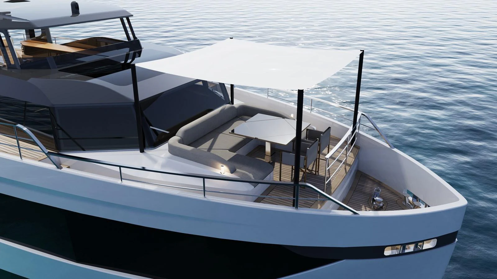 The yacht's foredeck features a stylish seating area with a sunshade, perfect for relaxation. aboard A80NEW Yacht for Sale