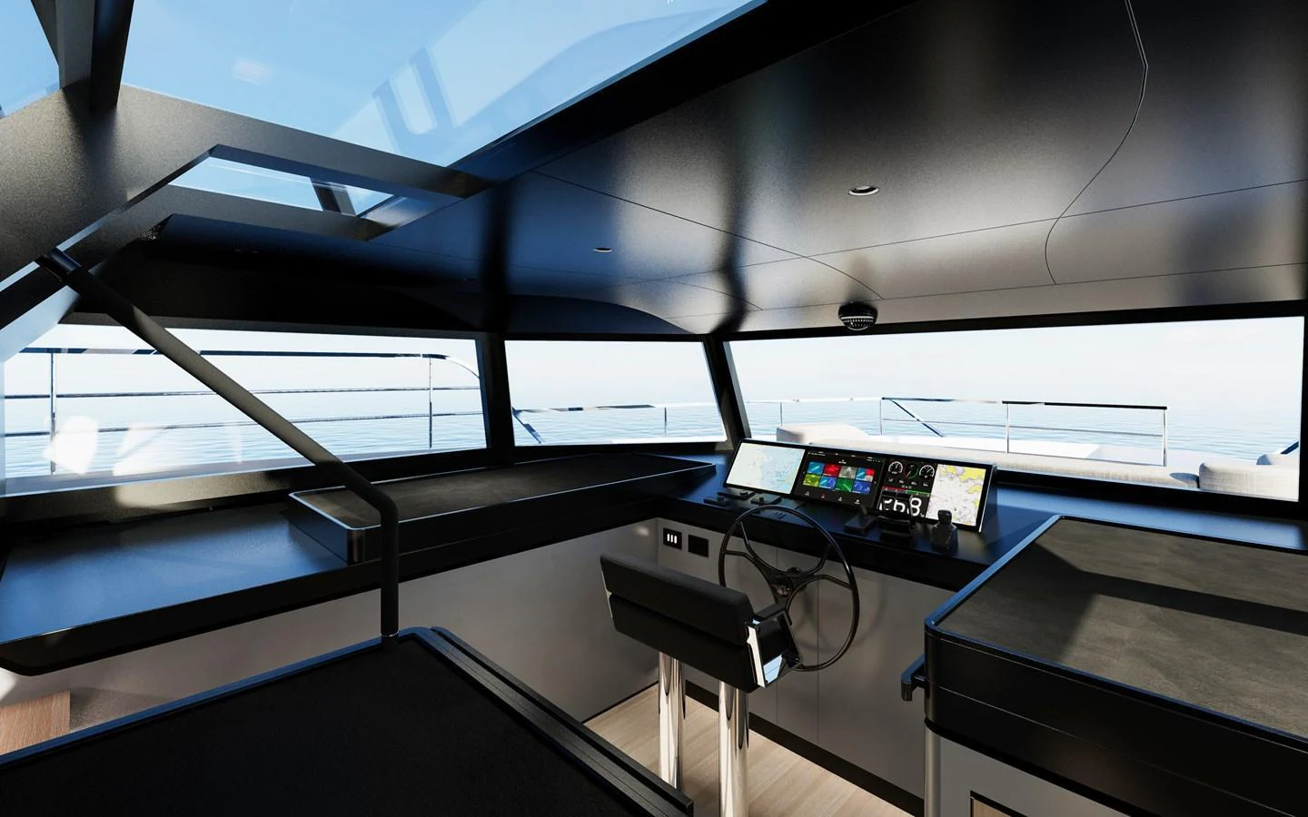 The sleek and modern helm station offers advanced navigation technology and panoramic views. aboard A80NEW Yacht for Sale