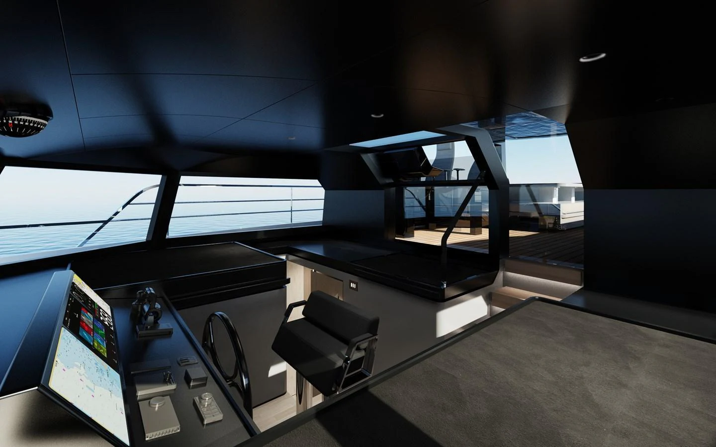 The helm station features modern navigation equipment and sleek, dark finishes. aboard A80NEW Yacht for Sale